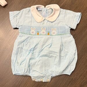 Easter!! Blue Baby Smocked Romper with Bunny Embroidery
